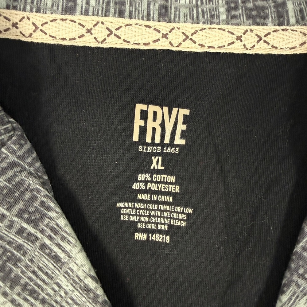 FRYE Men XL Flannel Print Notched Top Long Sleeve Black Gray Button Up Geometric - Picture 3 of 8